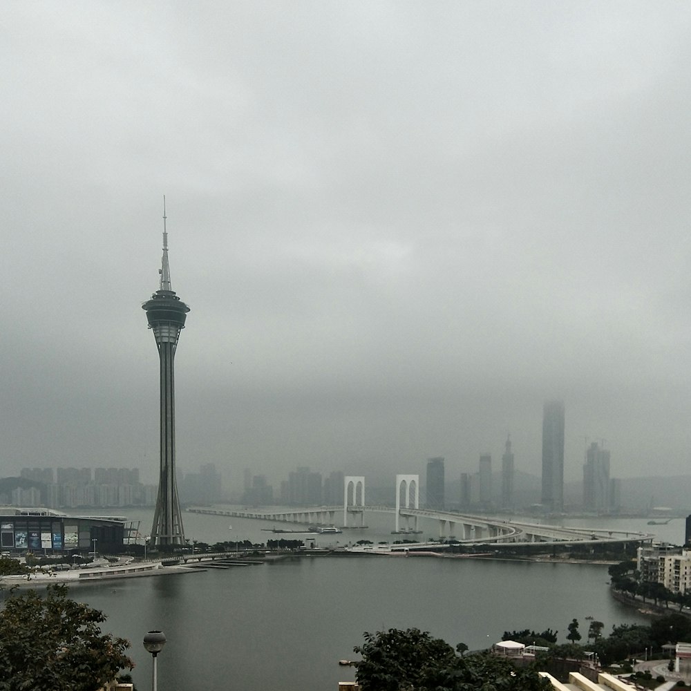 Macau Tower skyline with a river and a tall tower
