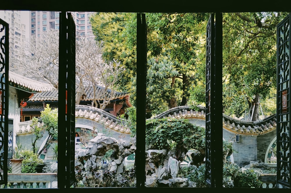a garden with a bridge