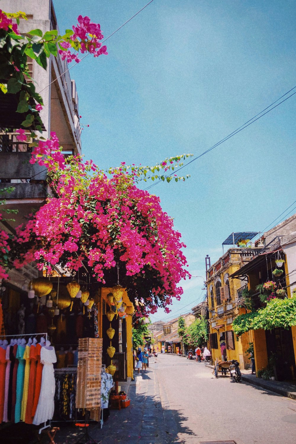 a street with flowers and buildings on either side of it