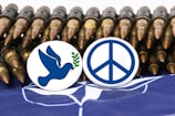 Two buttons are placed in front of a row of bullets. One button features a blue dove holding a green olive branch, while the other displays a blue peace symbol. The background includes a fragment of a flag.