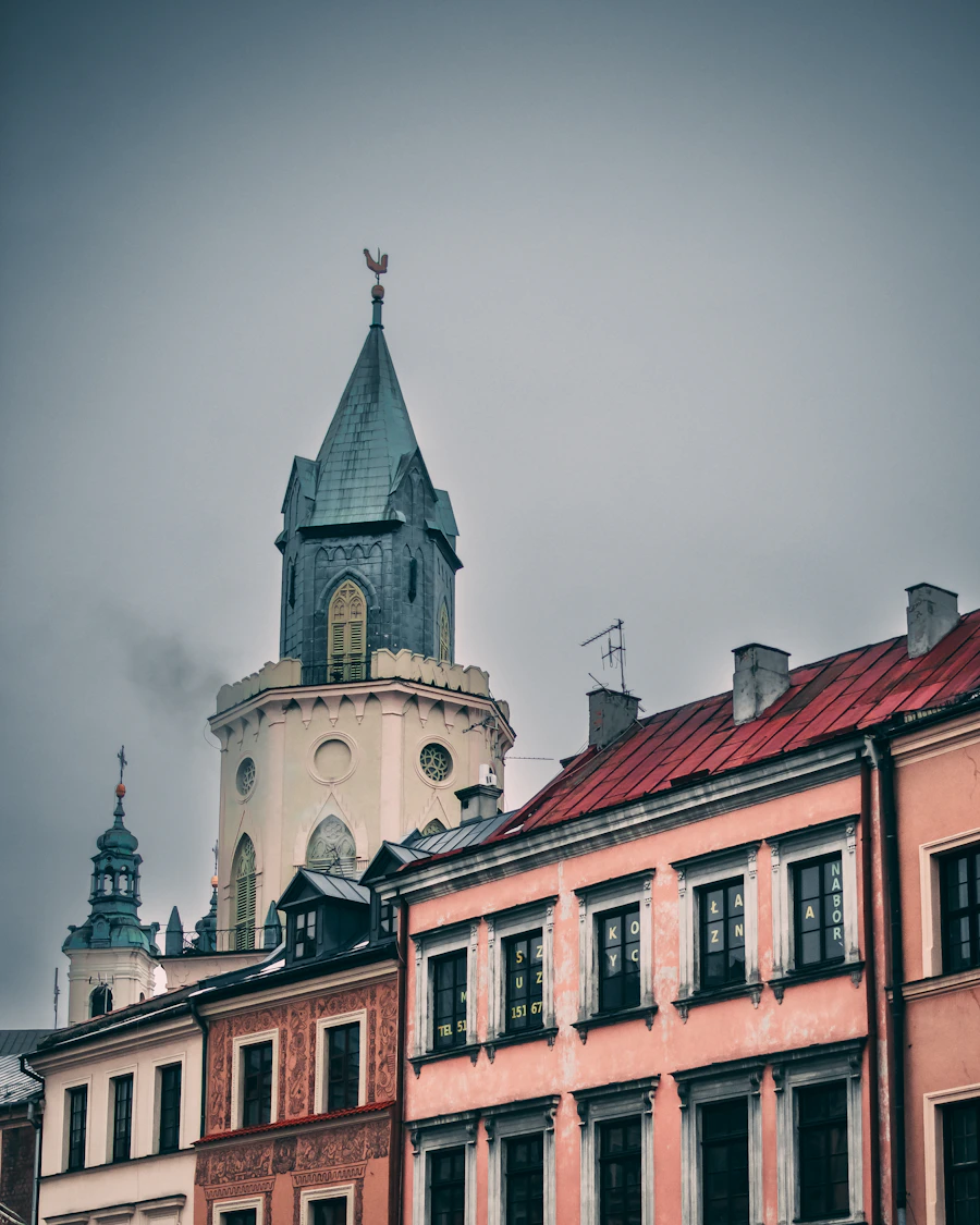 Historic clock tower along a Lublin street