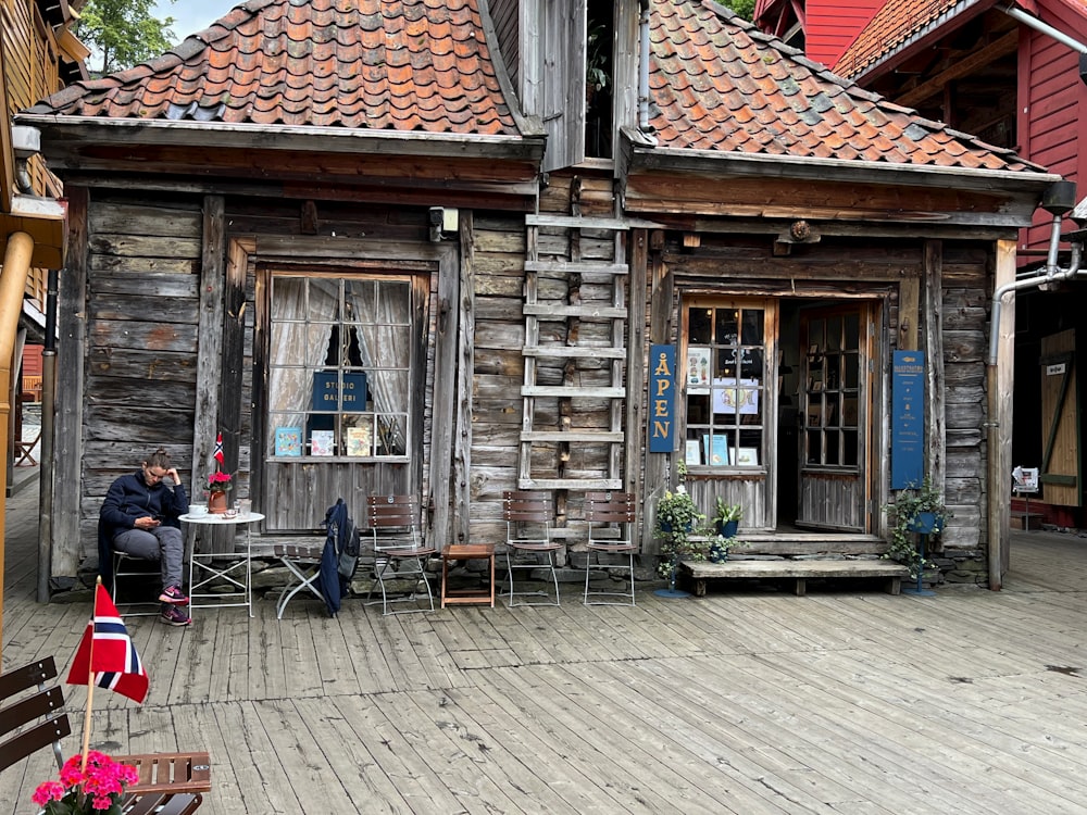 a person sitting outside a building