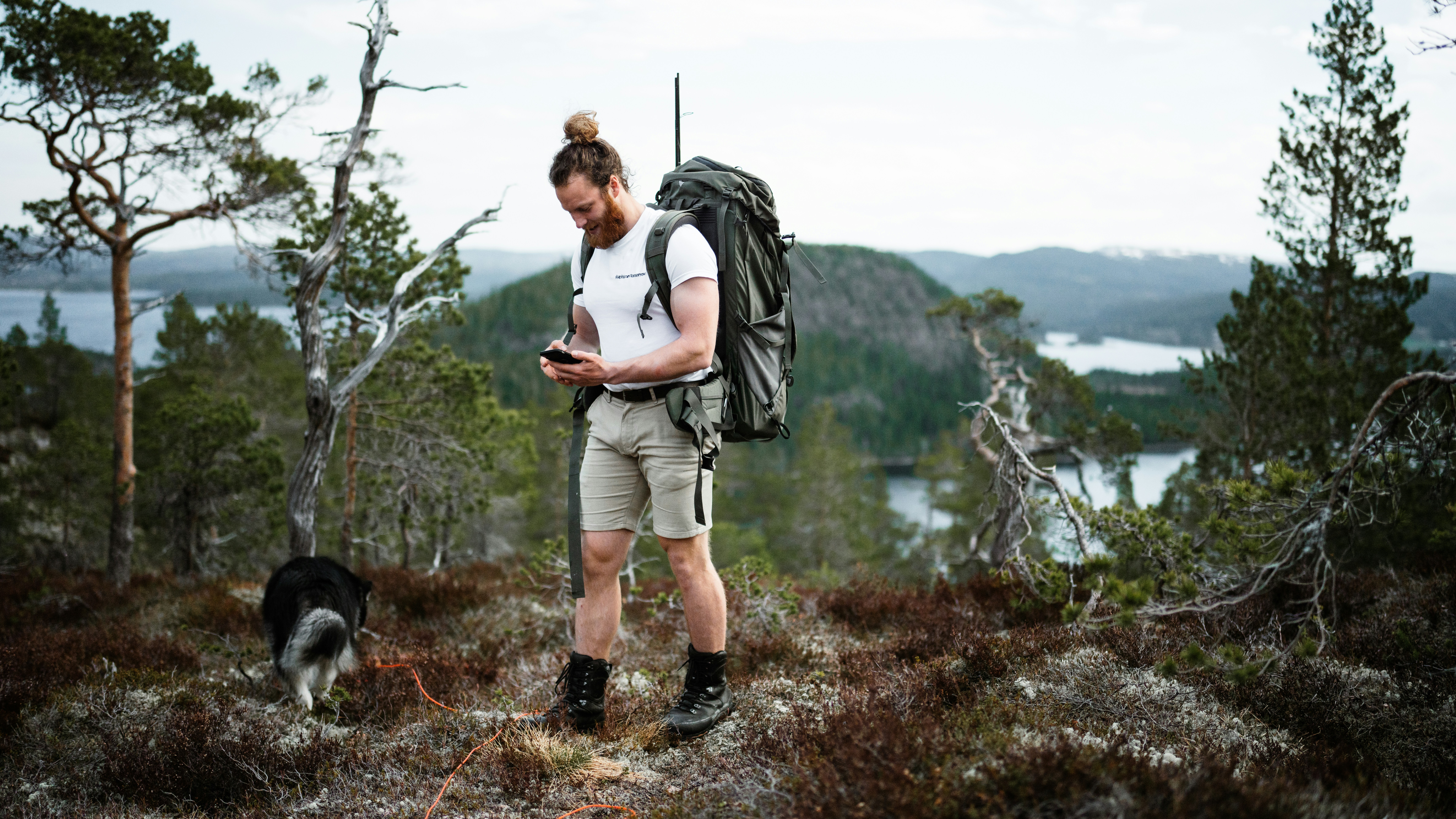 a person with a backpack and a dog on a trail by a lake