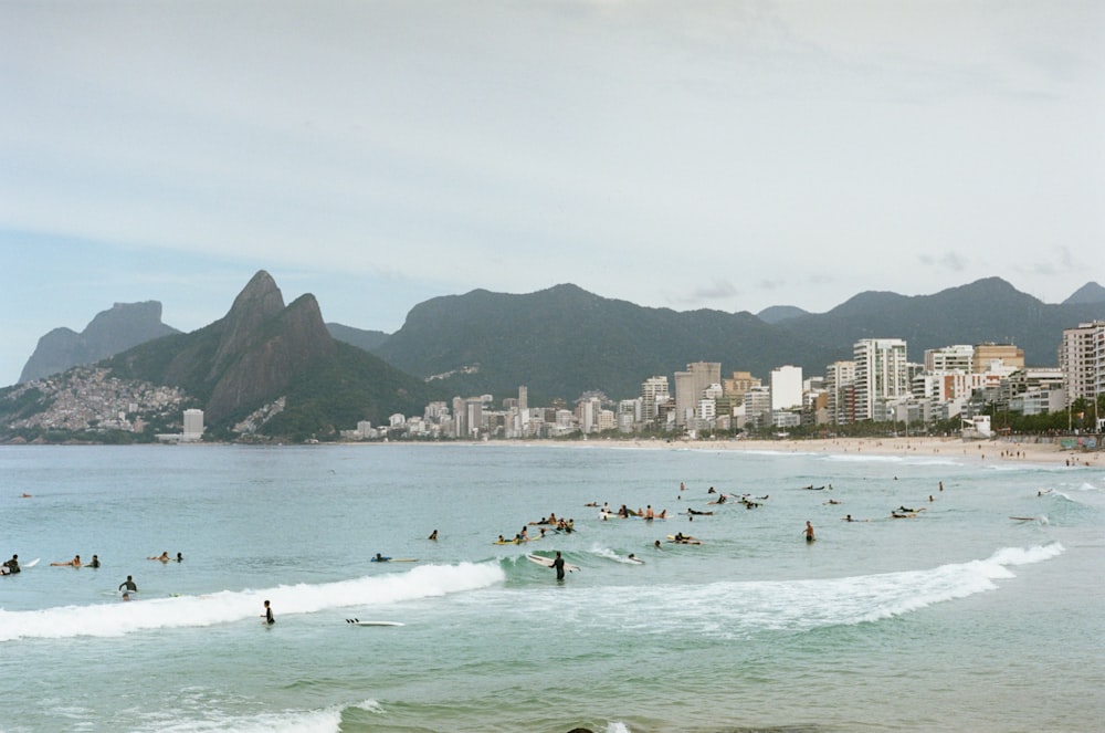 a group of people surfing in the sea