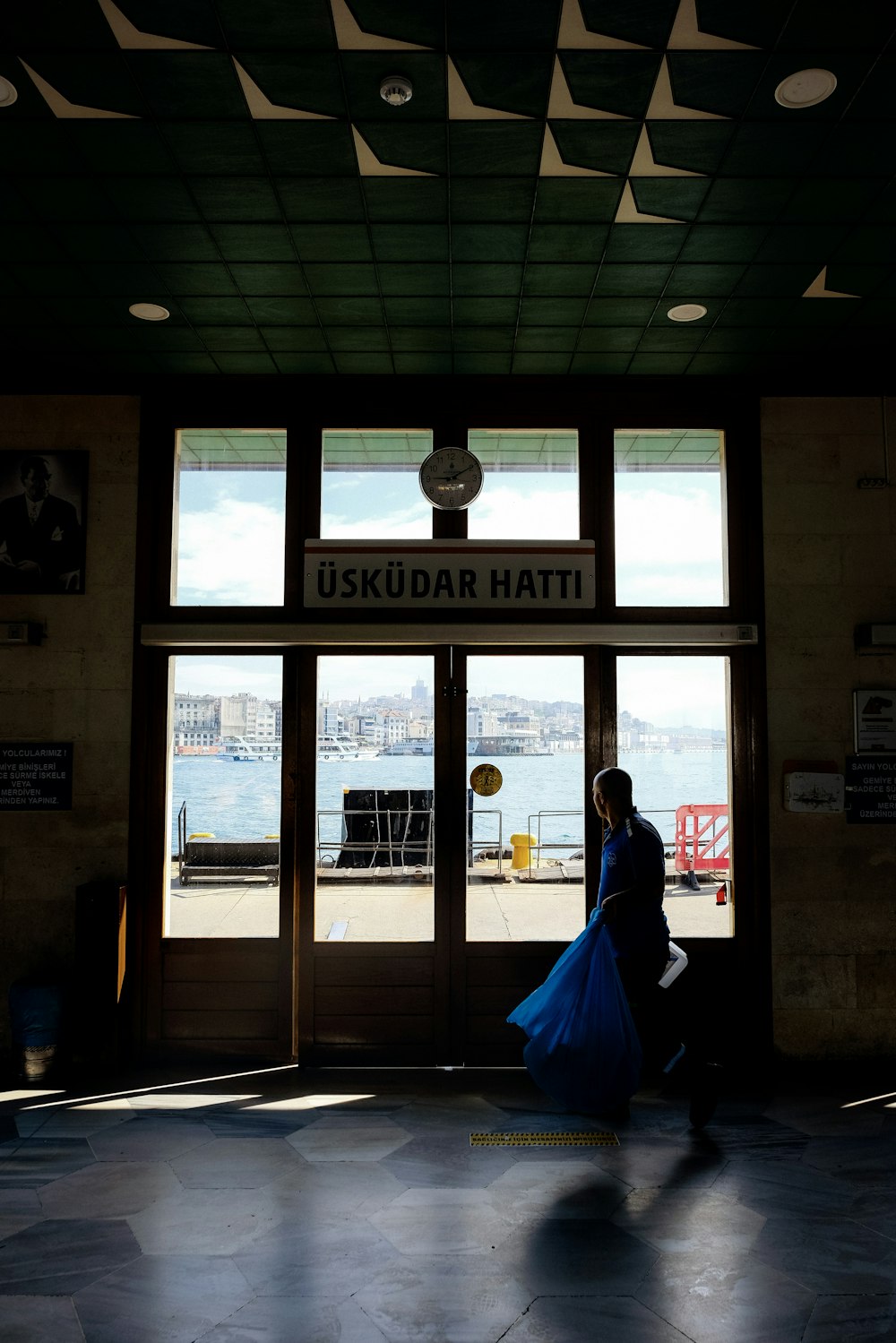 a person walking out of a building