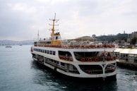 A large passenger ferry is docked near the shore, featuring multiple decks with numerous orange lifebuoys attached to the railings. The ferry is white with yellow accents and has a tall structure with antennas and exhausts at the top. In the background, a city skyline with various buildings and a distant hill can be seen under a cloudy sky.