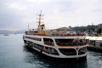A large passenger ferry is docked near the shore, featuring multiple decks with numerous orange lifebuoys attached to the railings. The ferry is white with yellow accents and has a tall structure with antennas and exhausts at the top. In the background, a city skyline with various buildings and a distant hill can be seen under a cloudy sky.