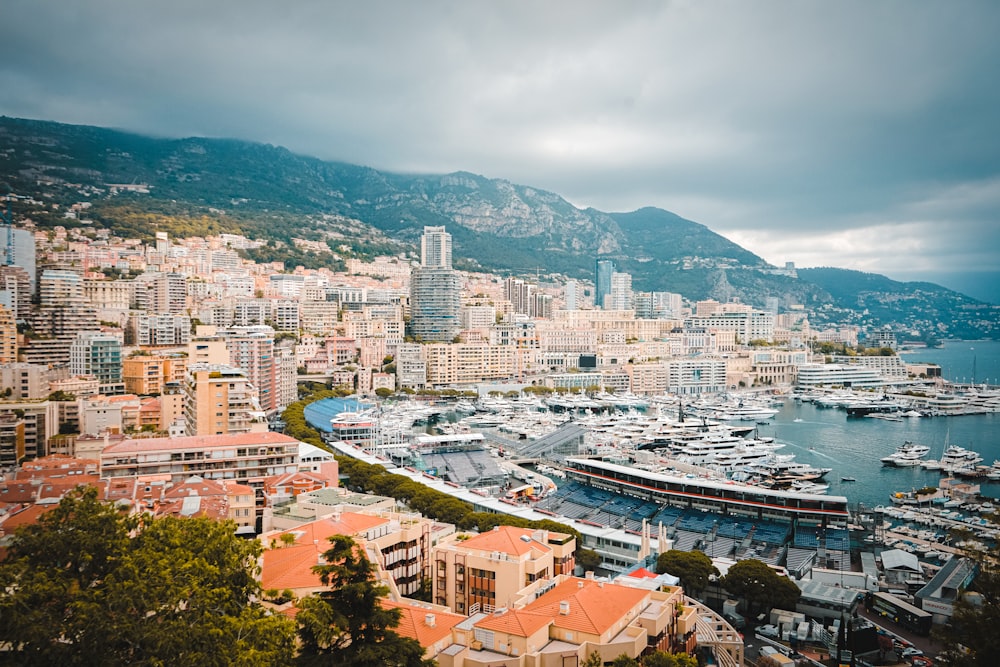 a city with a body of water and mountains in the background