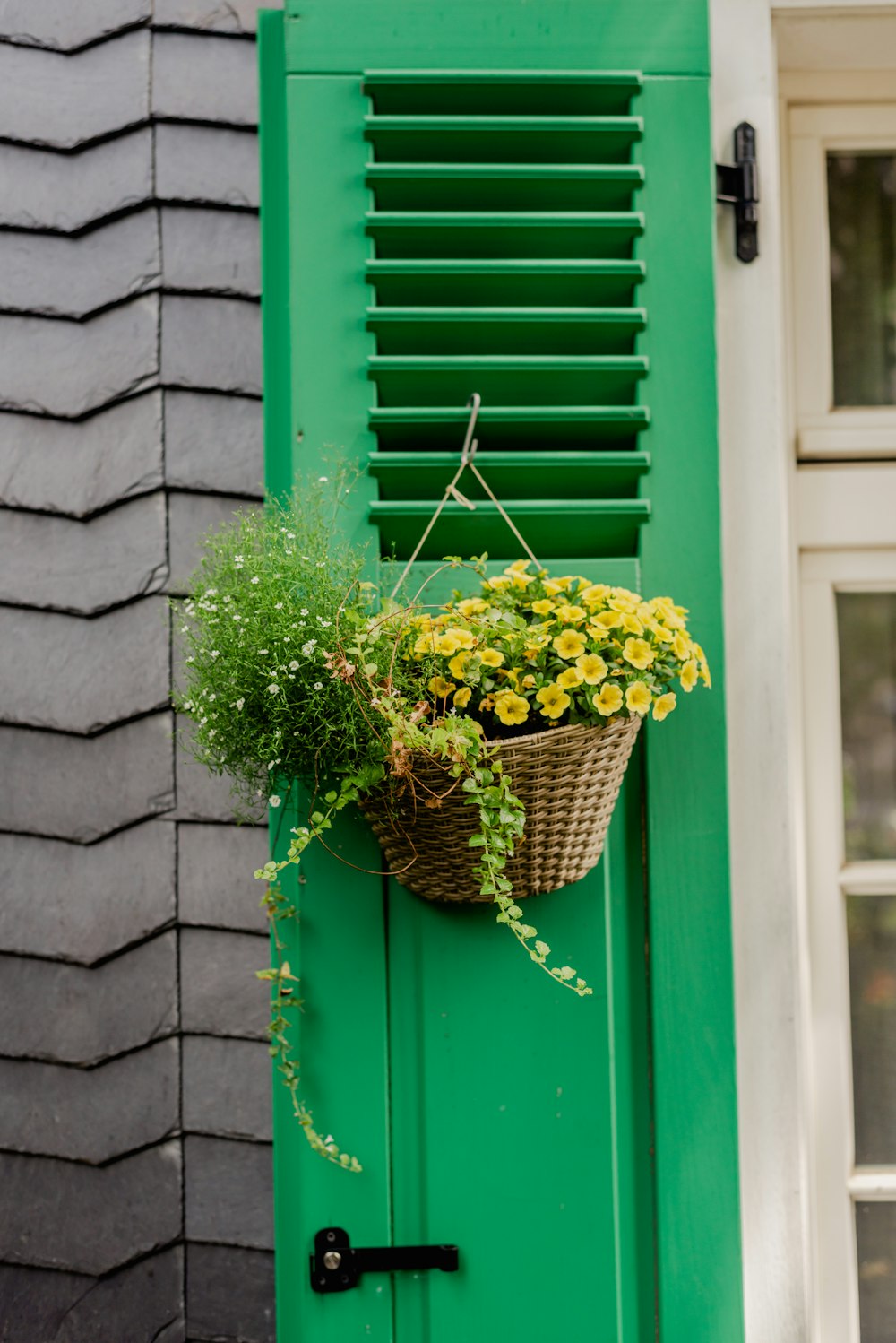 a basket of flowers on a door