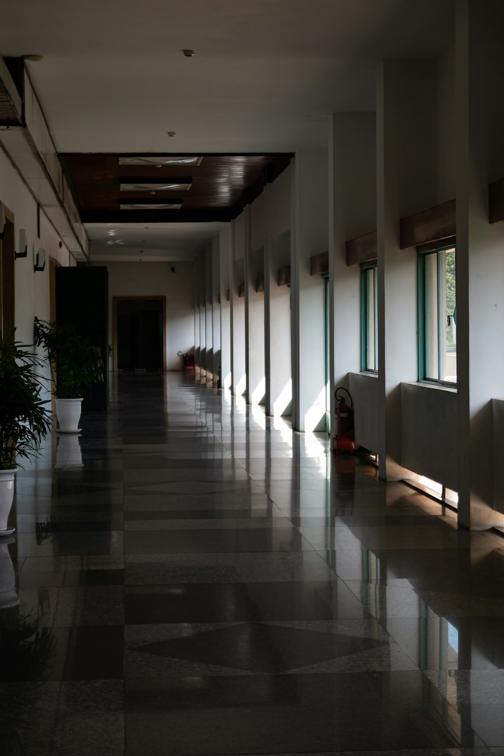 a hallway with white walls