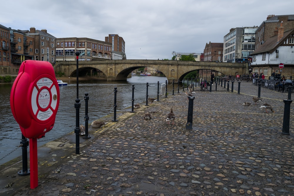 a red sign on a brick road