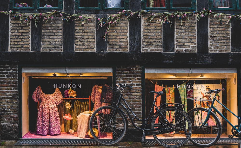 bicycles parked outside a shop