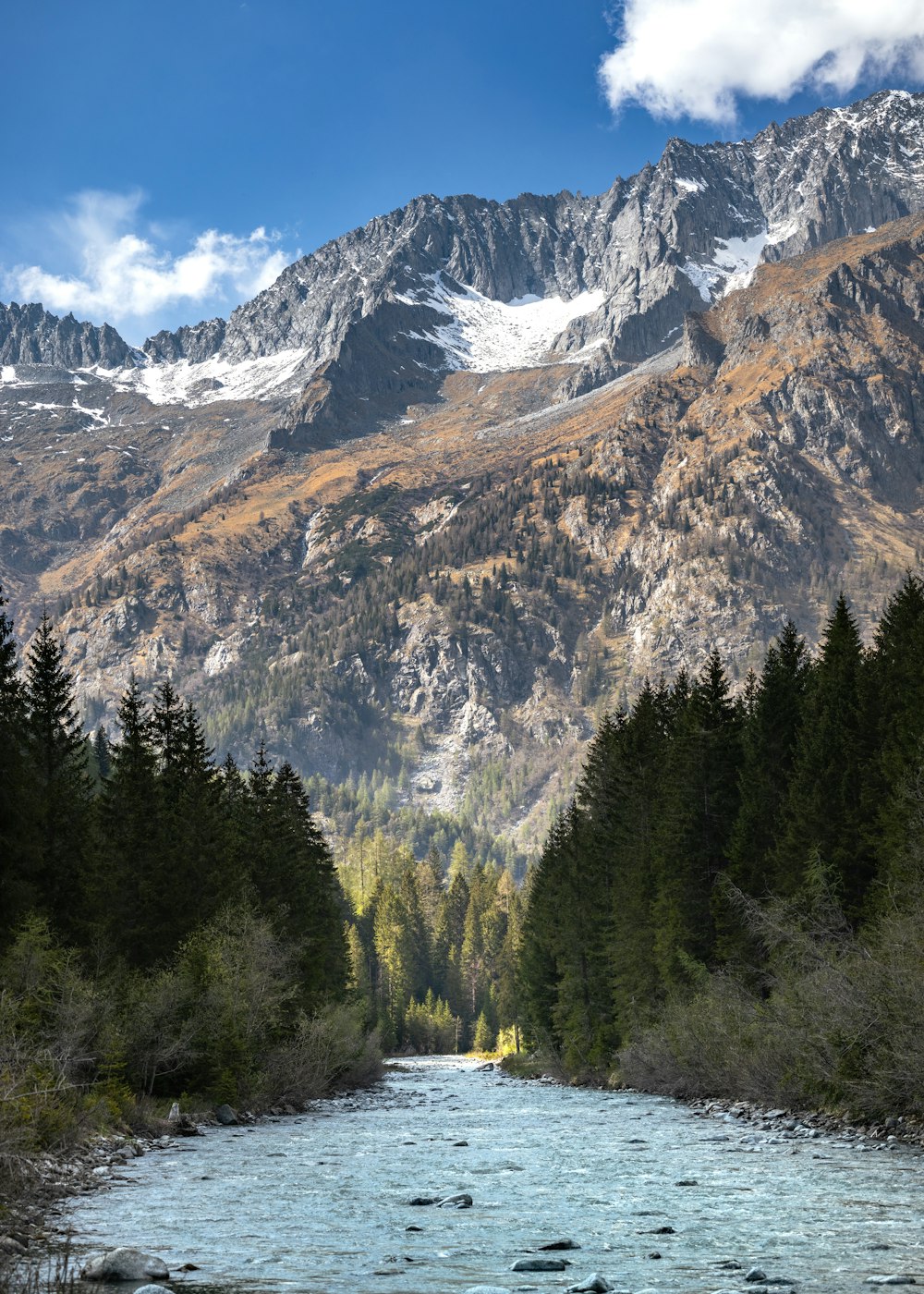 a river running through a valley between mountains