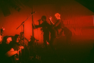 A lively concert scene featuring several performers on stage with microphones and instruments. The audience is engaged, and the overall lighting is dominated by a red hue. The performers display energetic body language, contributing to the dynamic atmosphere.