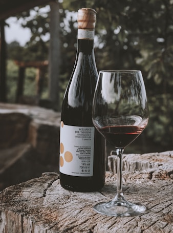 A bottle of Aglianico del Taburno wine stands on a rustic wooden surface, accompanied by a glass half-filled with red wine. The background features blurred greenery from what appears to be an outdoor setting, creating a serene atmosphere.