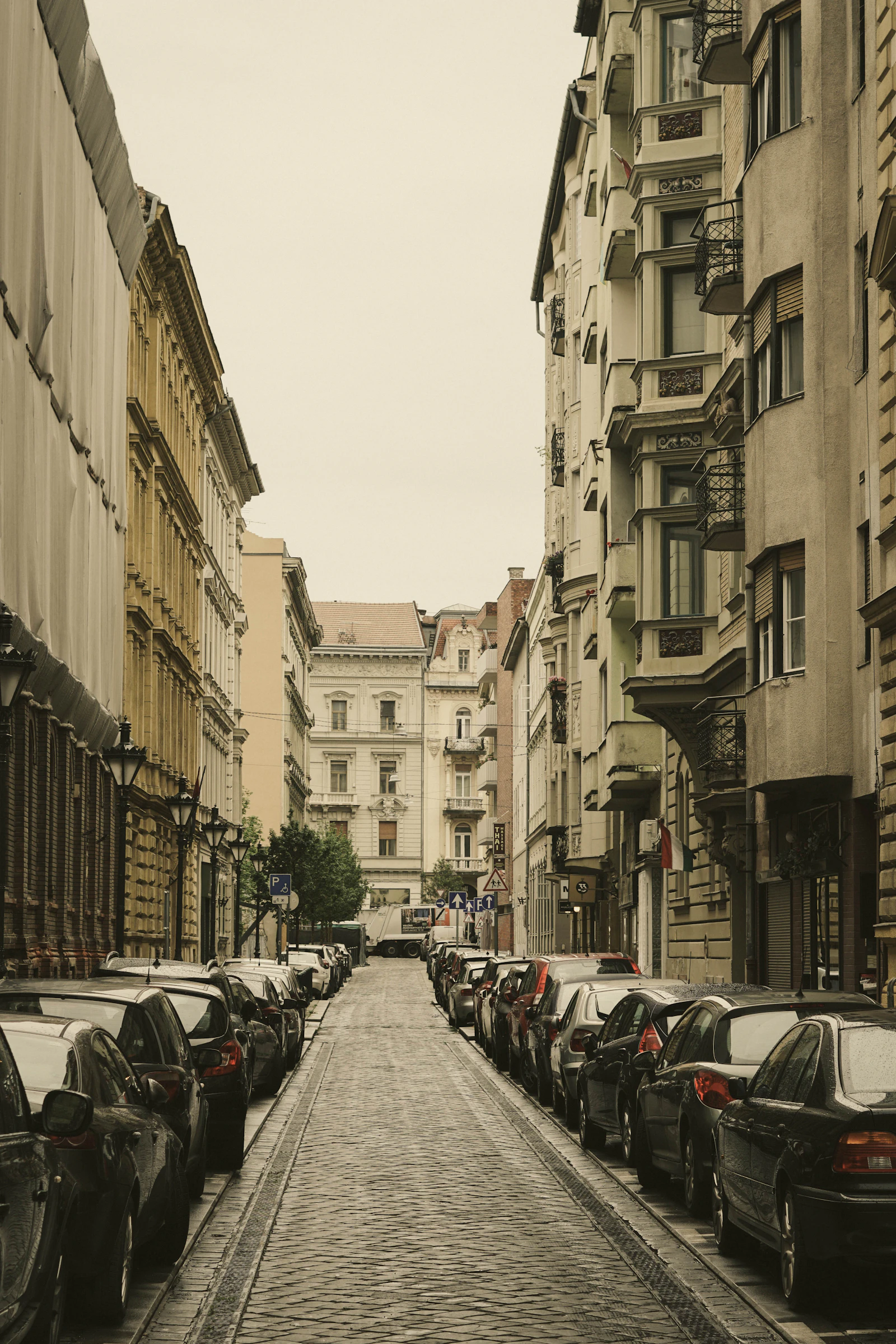 A Budapest street with parked cars and a blue parking sign