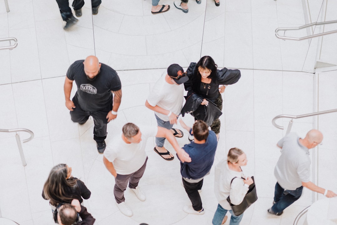 a group of people in a room,