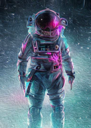 A futuristic astronaut navigating a digital galaxy filled with glowing data streams.