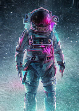 A futuristic astronaut navigating a digital galaxy filled with glowing data streams.