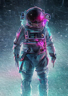 Futuristic astronaut reaching out with a glowing digital interface in a purple and black space background.