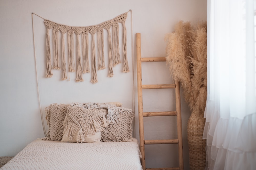 a bed with a ladder and a ladder