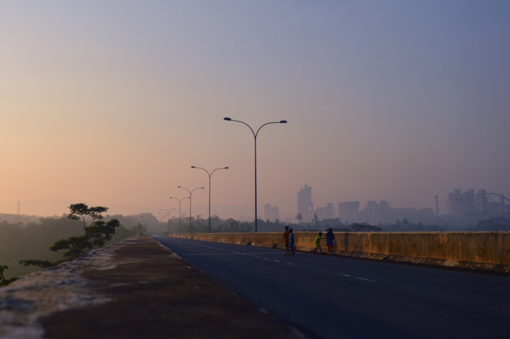 a road with a railing and a city in the background