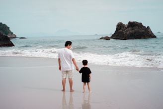 a man and a child walking on a beach