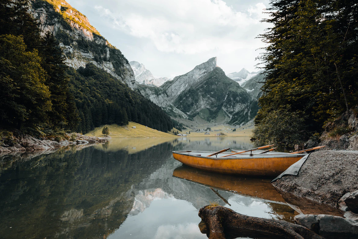 Alpine lake and snow-capped mountains, Switzerland