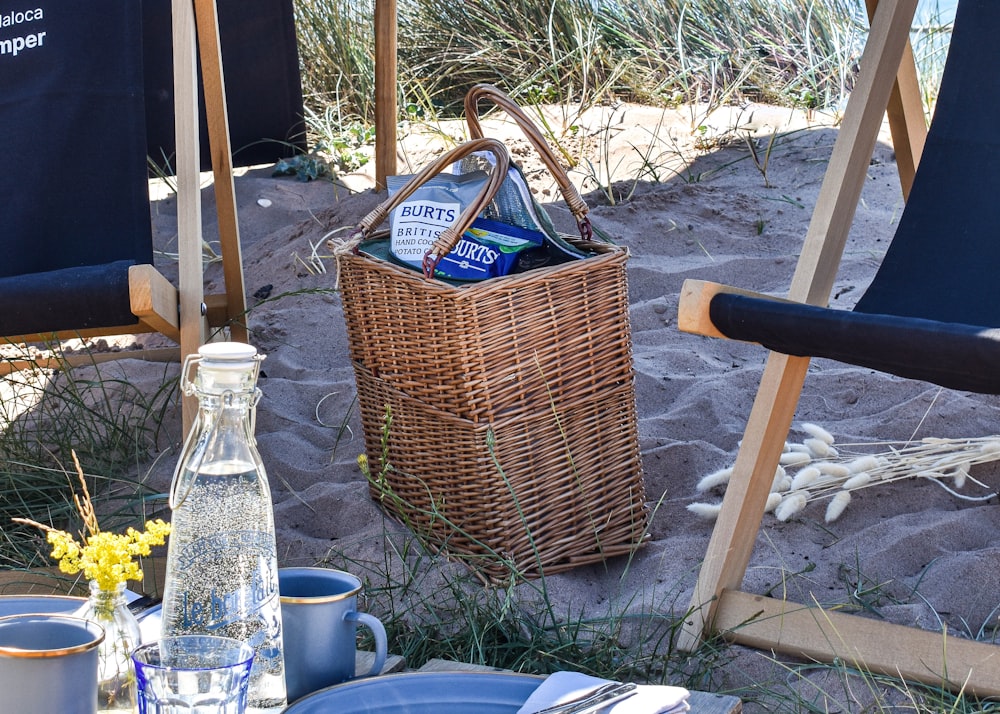 a basket with a bag and a bottle of water on a bench