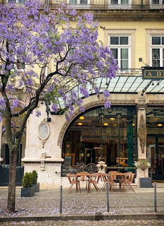 a building with a large arched doorway and tables and chairs outside