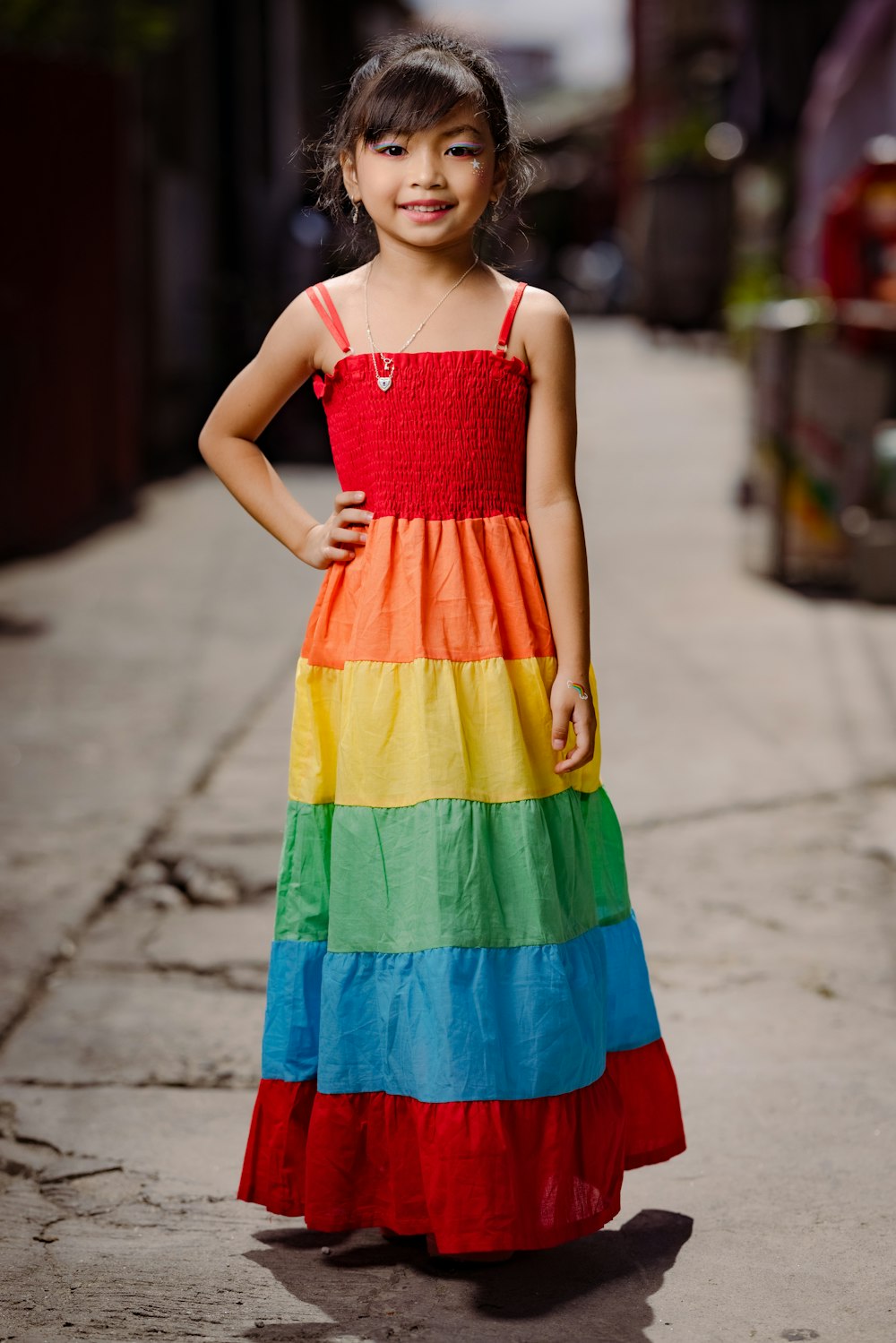 a woman in a colorful dress