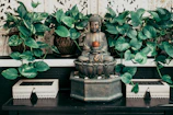 Peaceful corner with Thai silk cushions and a small Buddha statue surrounded by green plants.