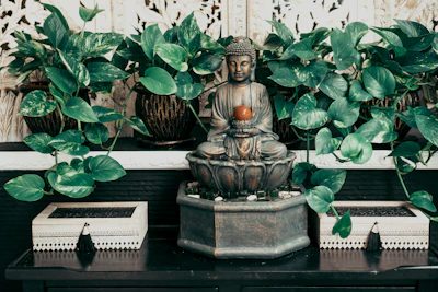 Peaceful corner with Thai silk cushions and a small Buddha statue surrounded by green plants.