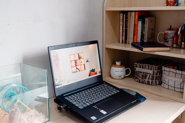 A small workspace featuring a laptop on a wooden desk next to a bookshelf. To the left, there's a clear cage with a small animal, possibly a hamster, and a wheel. The bookshelf contains books, mugs, and containers organized neatly. The laptop displays a home interior on its screen.