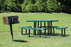 Barbecue grill area with seating surrounded by greenery.