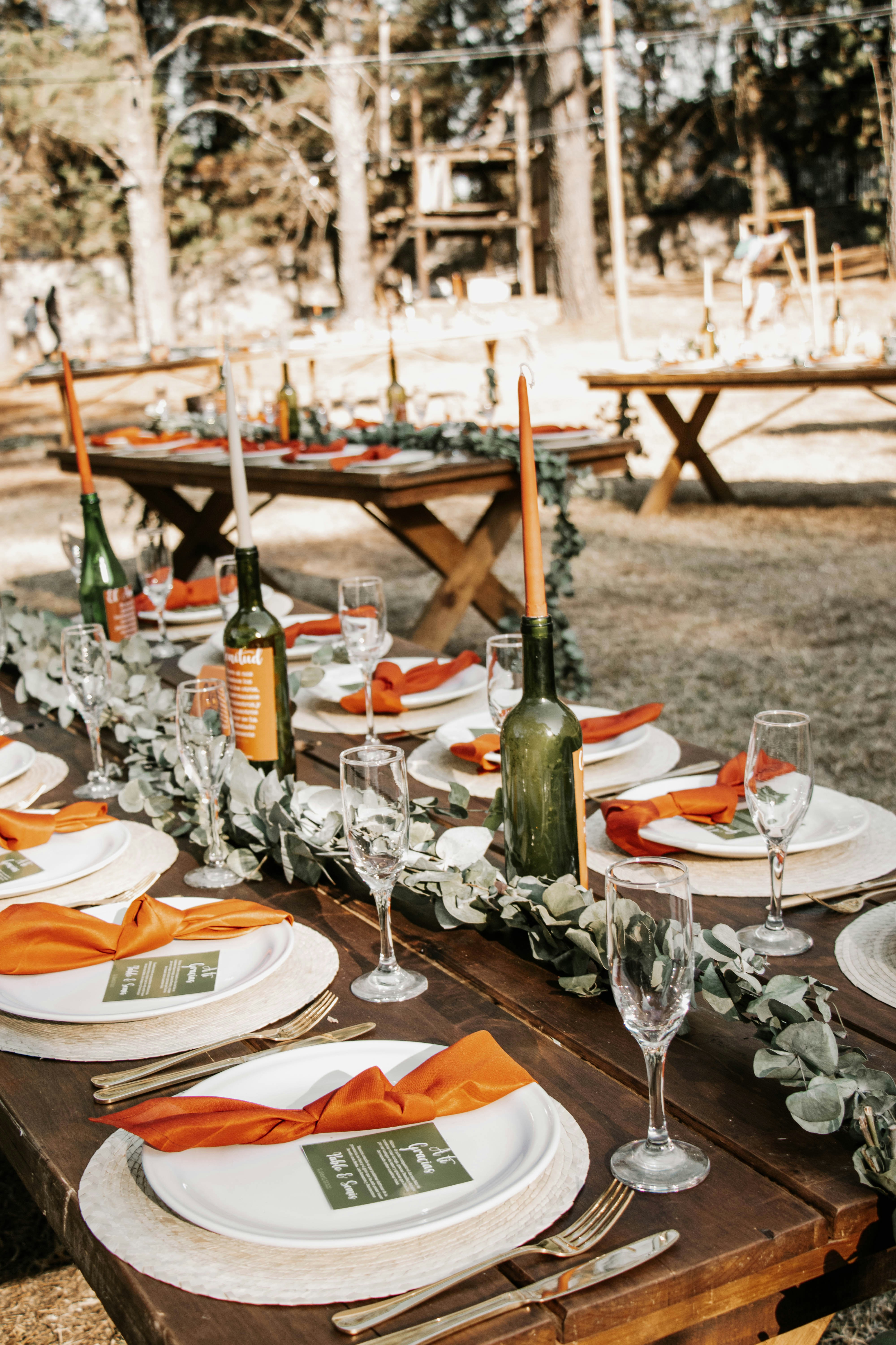 a table with plates and glasses