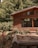 A wooden cabin with large windows is surrounded by lush green trees and colorful flowers. The wooden structure blends naturally with the forest scenery, adding to a rustic and peaceful environment.