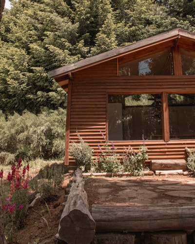 A wooden cabin with large windows is surrounded by lush green trees and colorful flowers. The wooden structure blends naturally with the forest scenery, adding to a rustic and peaceful environment.