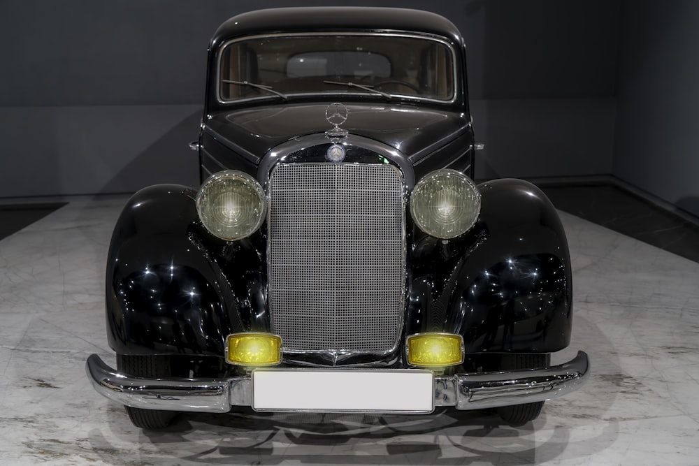 a black car with headlights