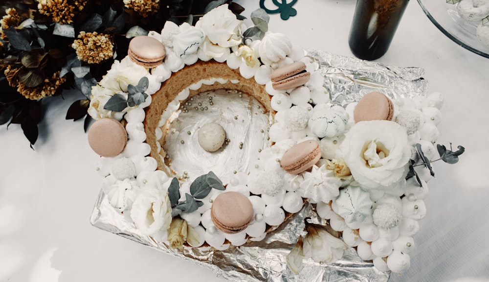 a cake with frosting and decorations