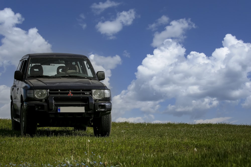 a black truck parked in a grassy field