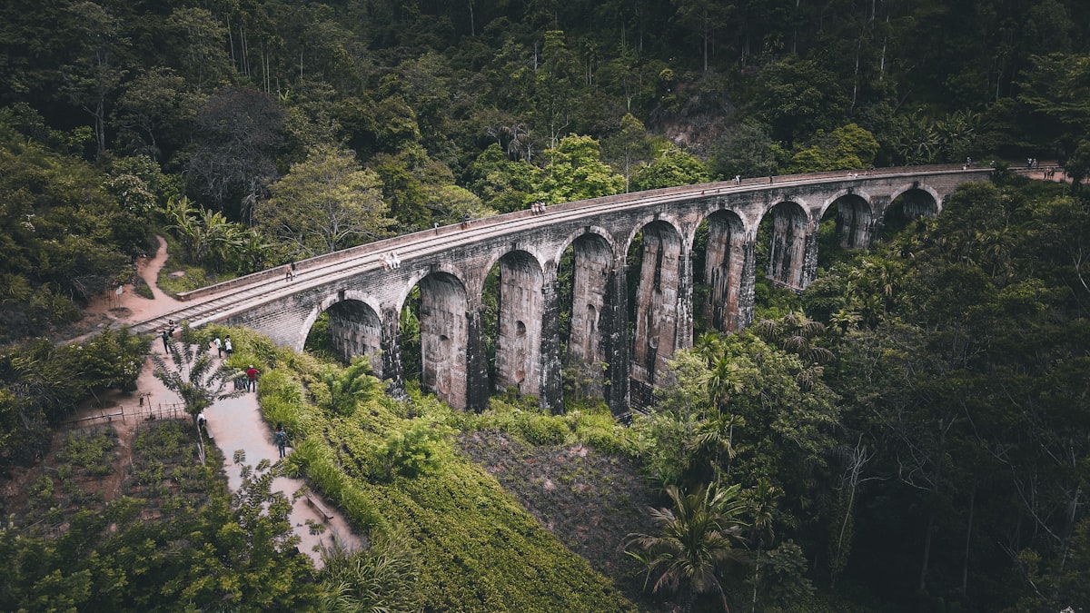 Aerial view of the Nine Arch Bridge surrounded by lush green jungle in Ella