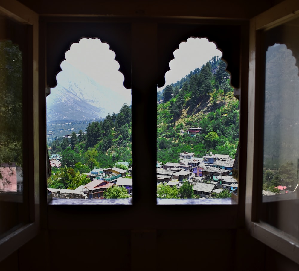 a view of a town through a window