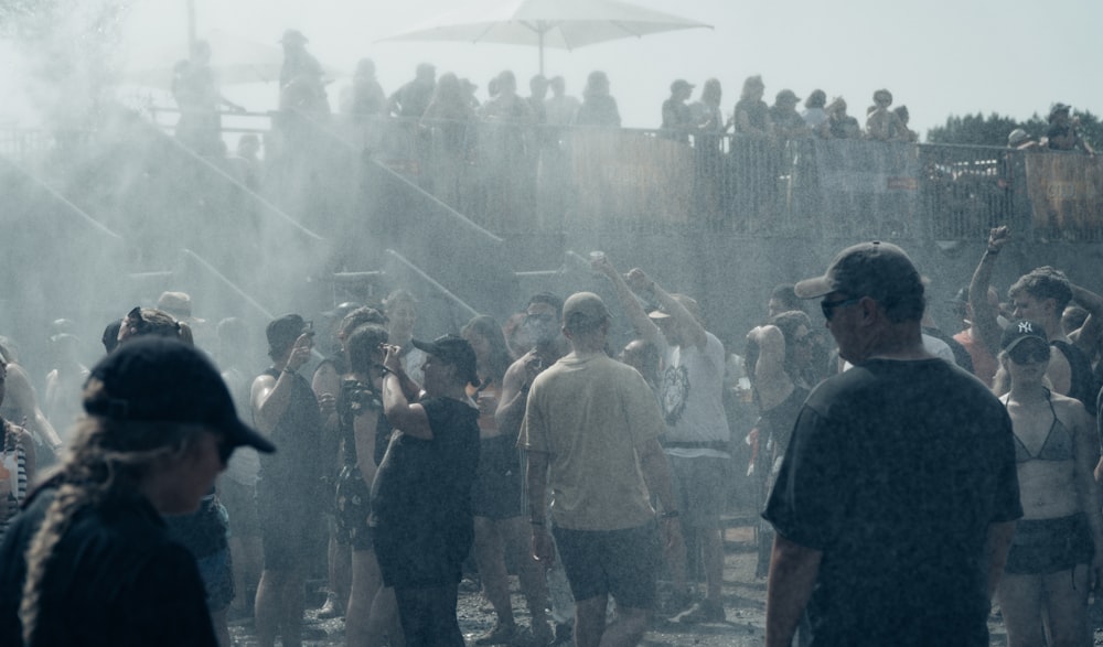 a group of people standing in a line