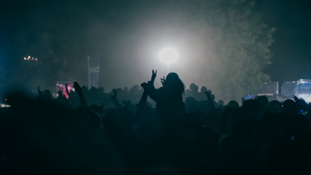 A silhouetted crowd of people is gathered in an outdoor setting at night, with one person prominently making a peace sign. The area is lit by a bright light in the background, creating a dramatic atmosphere. Trees and indistinct details of the surroundings can be seen in the background.