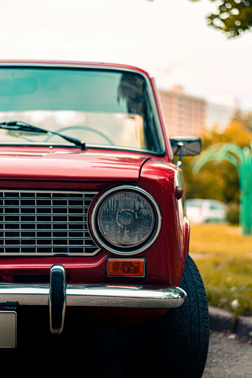 the front of a red car