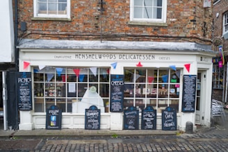 a store front with signs