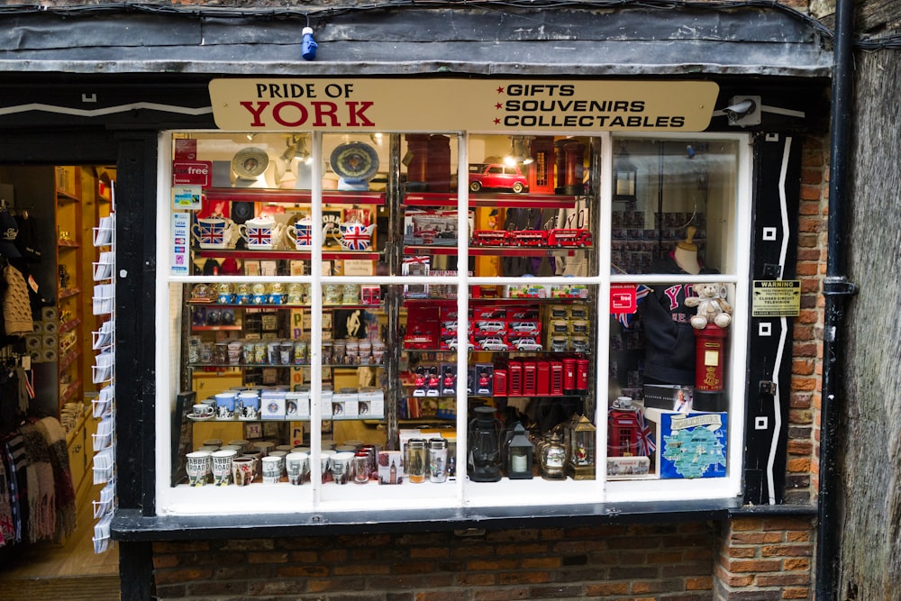 a store front with a window display