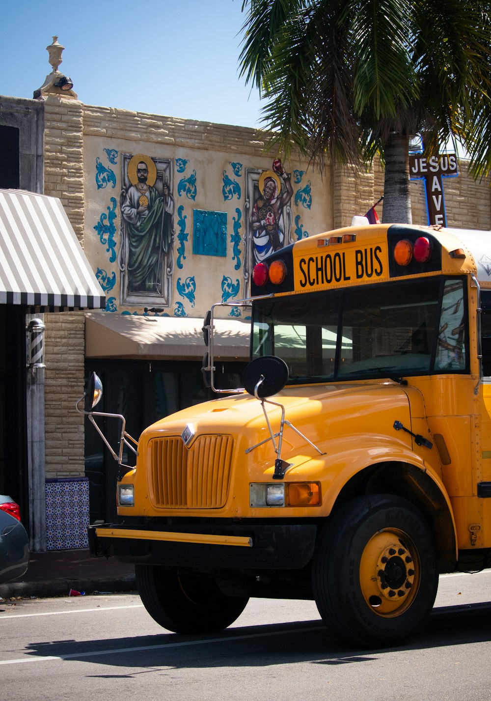 a school bus parked in front of a building