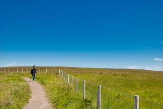 A person walks along a narrow path surrounded by grassy fields under a clear blue sky. Wooden posts with wires line the path, separating it from the fields. The horizon stretches ahead with no visible landmarks, creating a sense of openness and tranquility.
